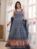 Peacock Blue Soft Dola Silk Readymade Gown